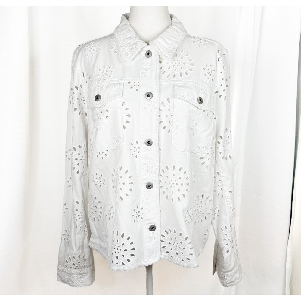J Jill Embroidered Eyelet Jacket Women L White Cotton Floral Cutwork Shacket EUC